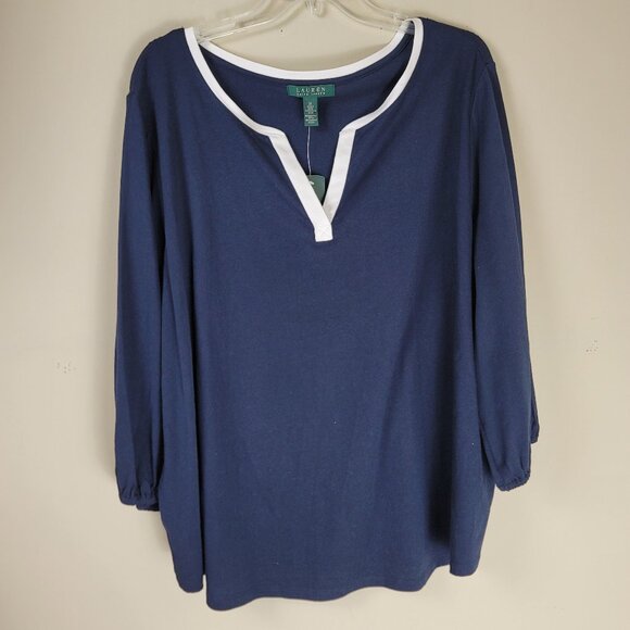 Lauren Ralph Lauren Women's 3X Navy V-Neck Top Plus Size Blouse - Picture 2 of 9